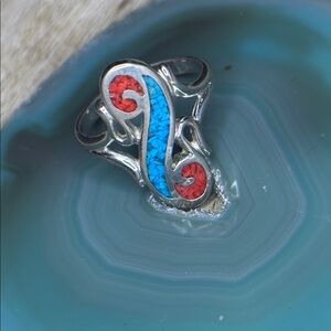 Vintage Signed, Thailand, Southwestern Turquoise, And Coral Nugget In Lay Ring